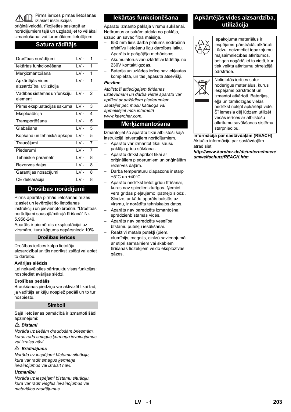 Satura rādītājs, Drošības norādījumi | Karcher Aspiro-brosseur CV 85-2 RS User Manual | Page 203 / 228