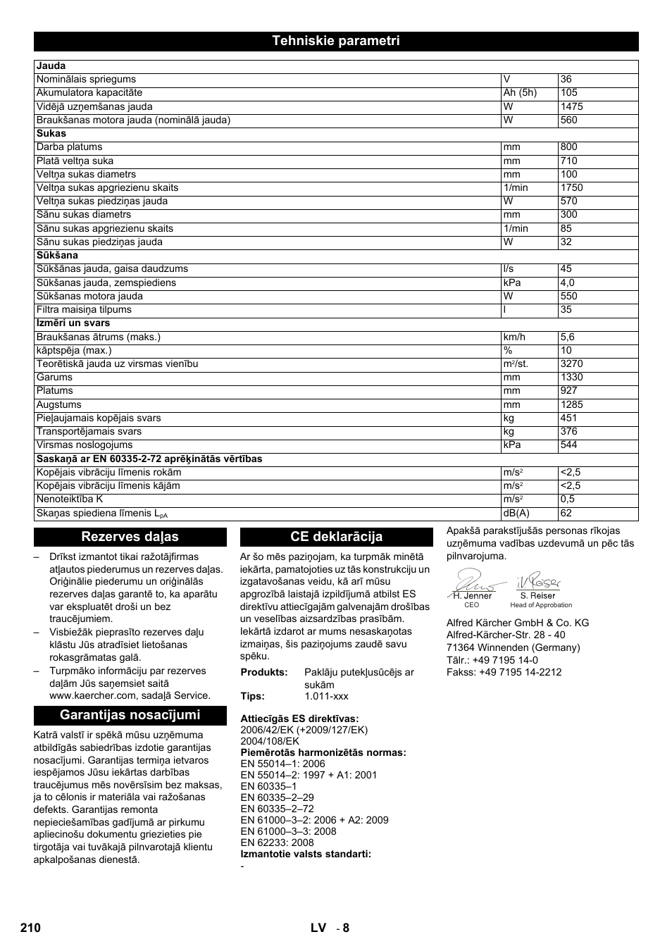 Tehniskie parametri | Karcher Aspiro-brosseur CV 85-2 RS User Manual | Page 210 / 228