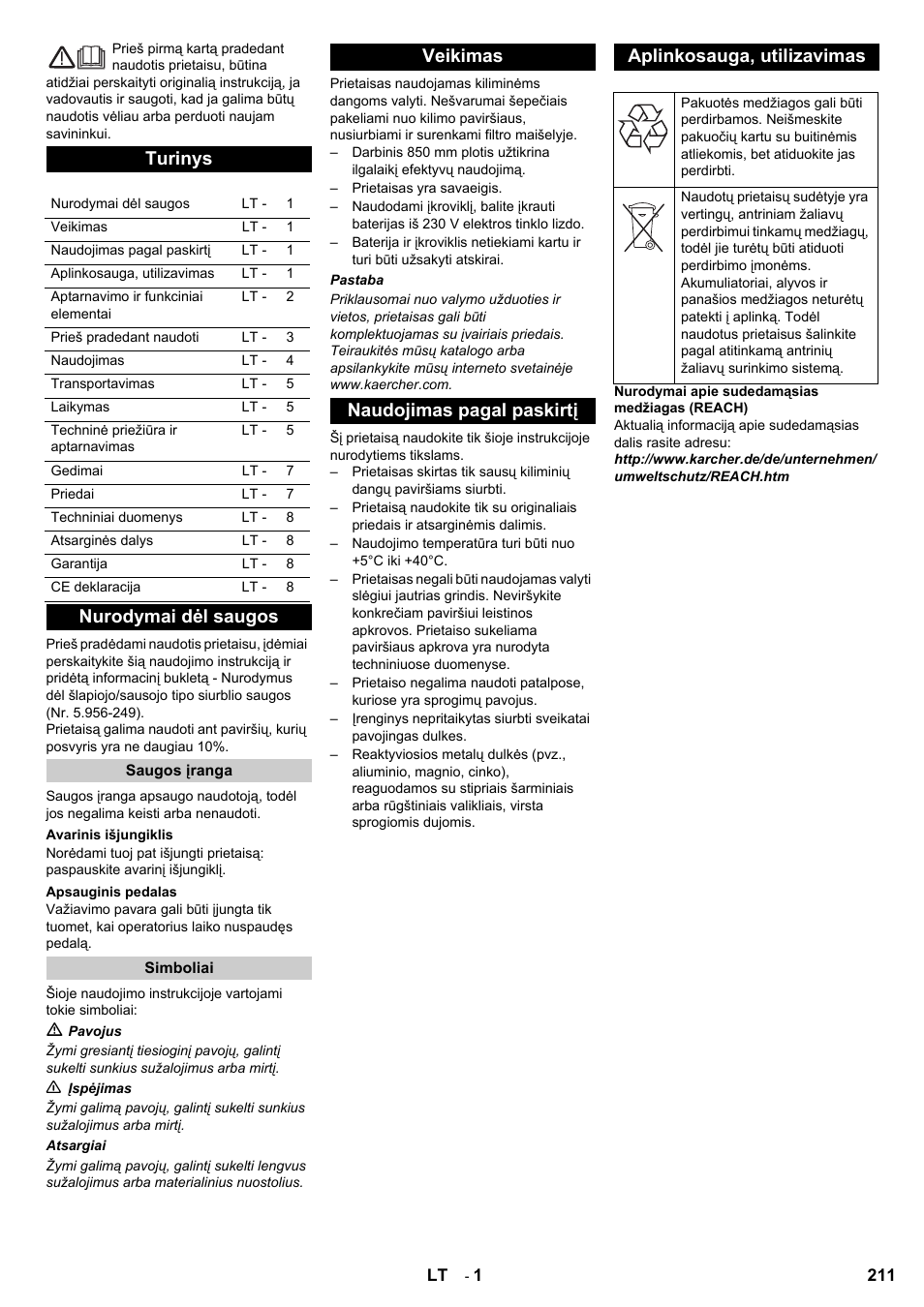 Turinys, Nurodymai dėl saugos | Karcher Aspiro-brosseur CV 85-2 RS User Manual | Page 211 / 228