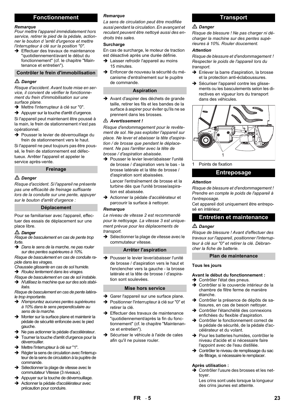 Fonctionnement, Transport entreposage entretien et maintenance | Karcher Aspiro-brosseur CV 85-2 RS User Manual | Page 23 / 228