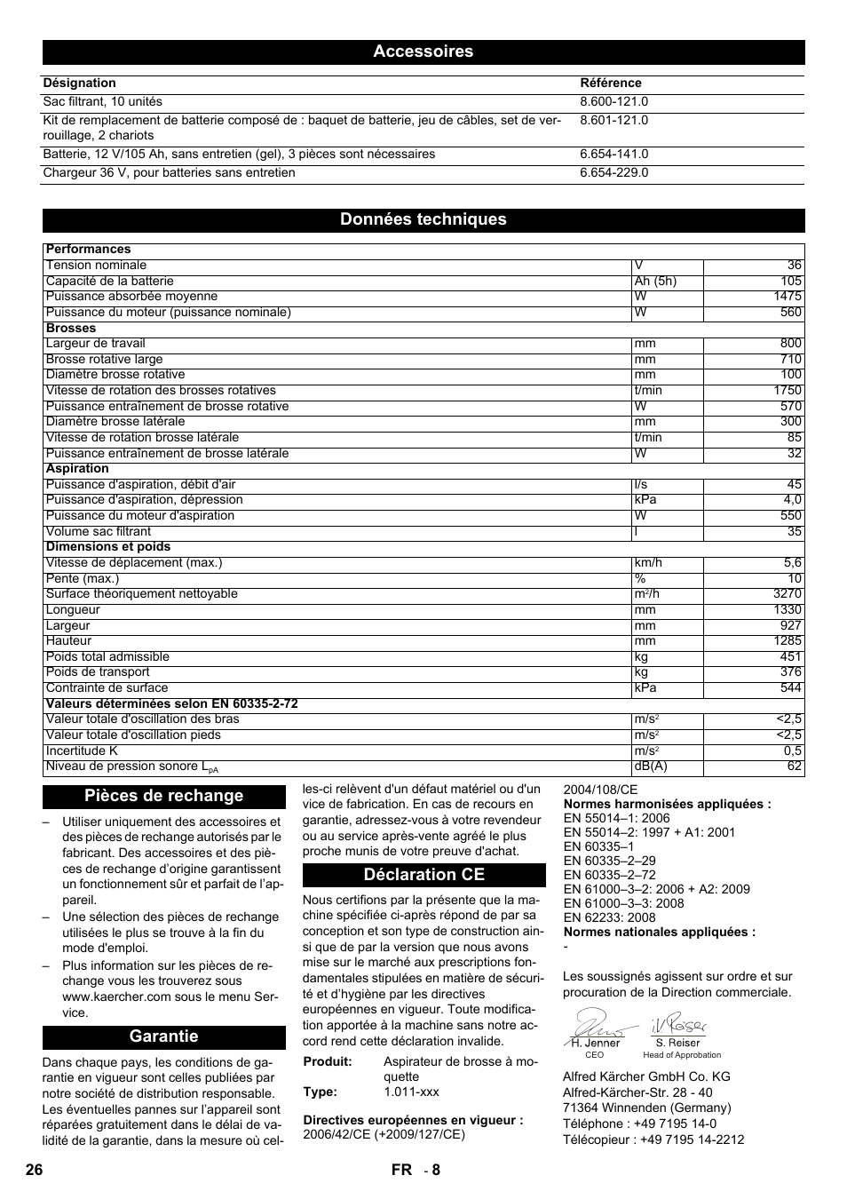 Accessoires, Données techniques, Pièces de rechange garantie déclaration ce | Karcher Aspiro-brosseur CV 85-2 RS User Manual | Page 26 / 228