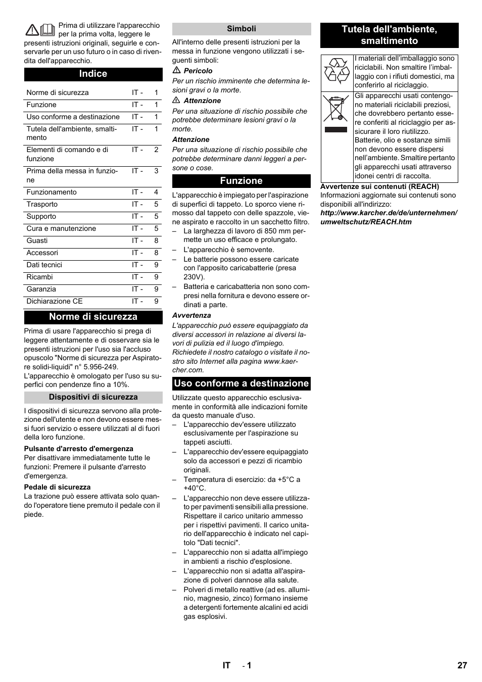 Indice, Norme di sicurezza | Karcher Aspiro-brosseur CV 85-2 RS User Manual | Page 27 / 228