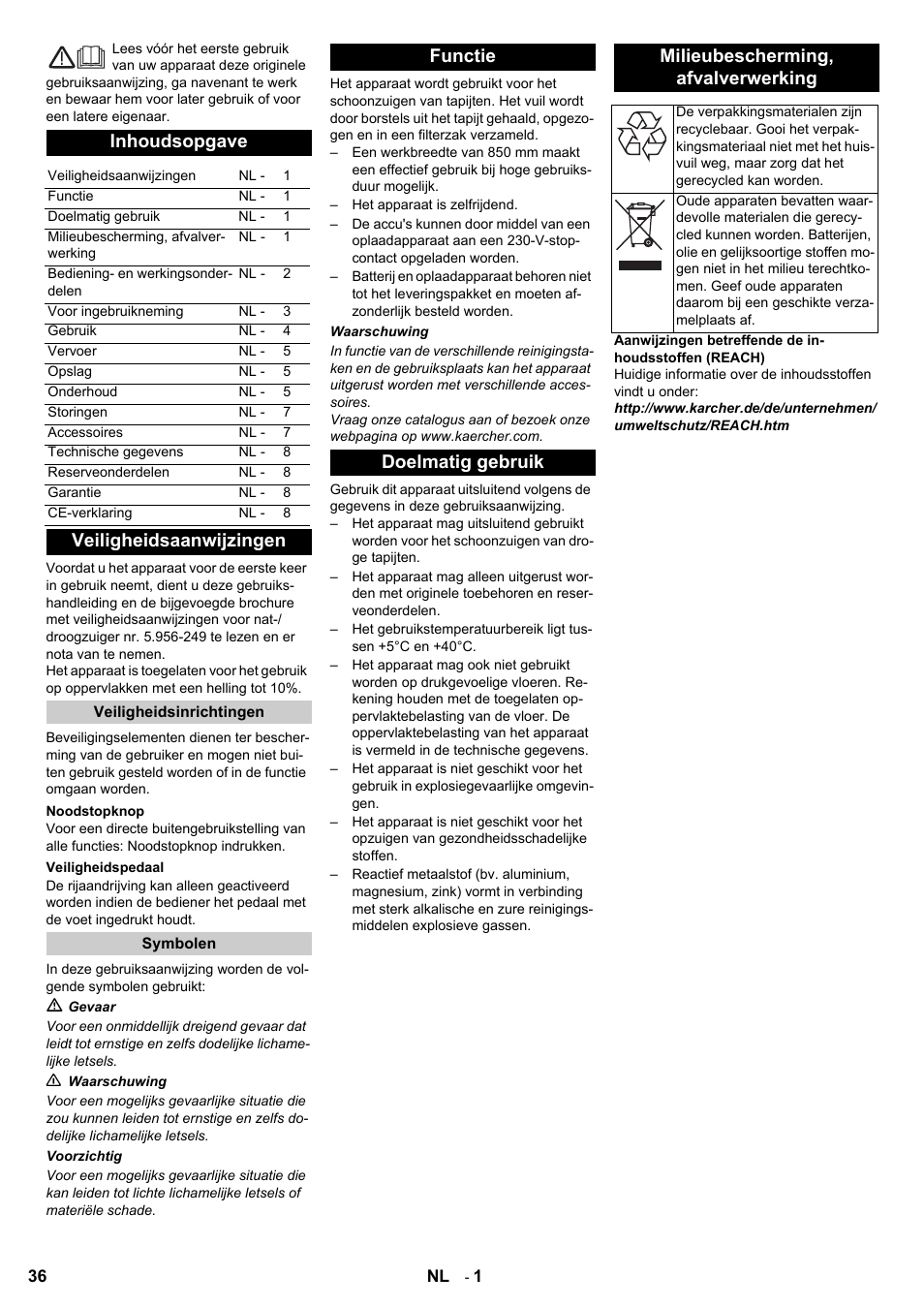 Inhoudsopgave, Veiligheidsaanwijzingen | Karcher Aspiro-brosseur CV 85-2 RS User Manual | Page 36 / 228