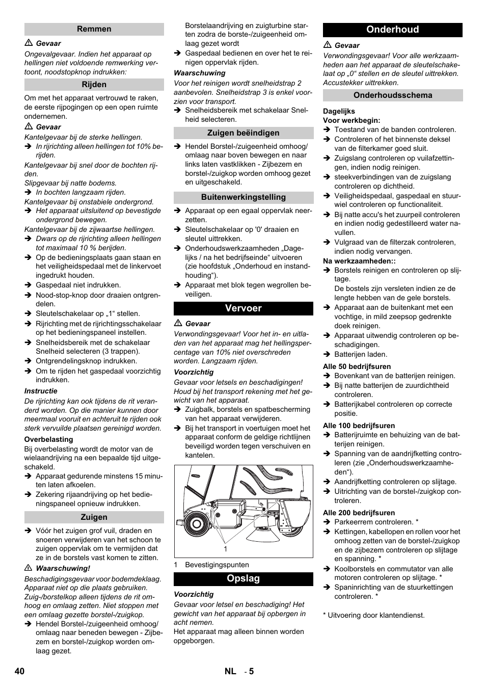 Vervoer opslag onderhoud | Karcher Aspiro-brosseur CV 85-2 RS User Manual | Page 40 / 228