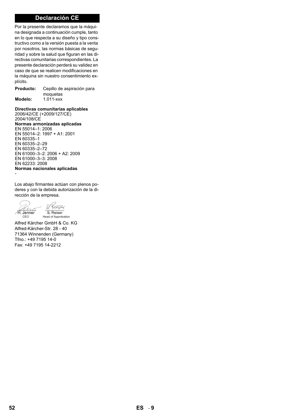 Declaración ce | Karcher Aspiro-brosseur CV 85-2 RS User Manual | Page 52 / 228