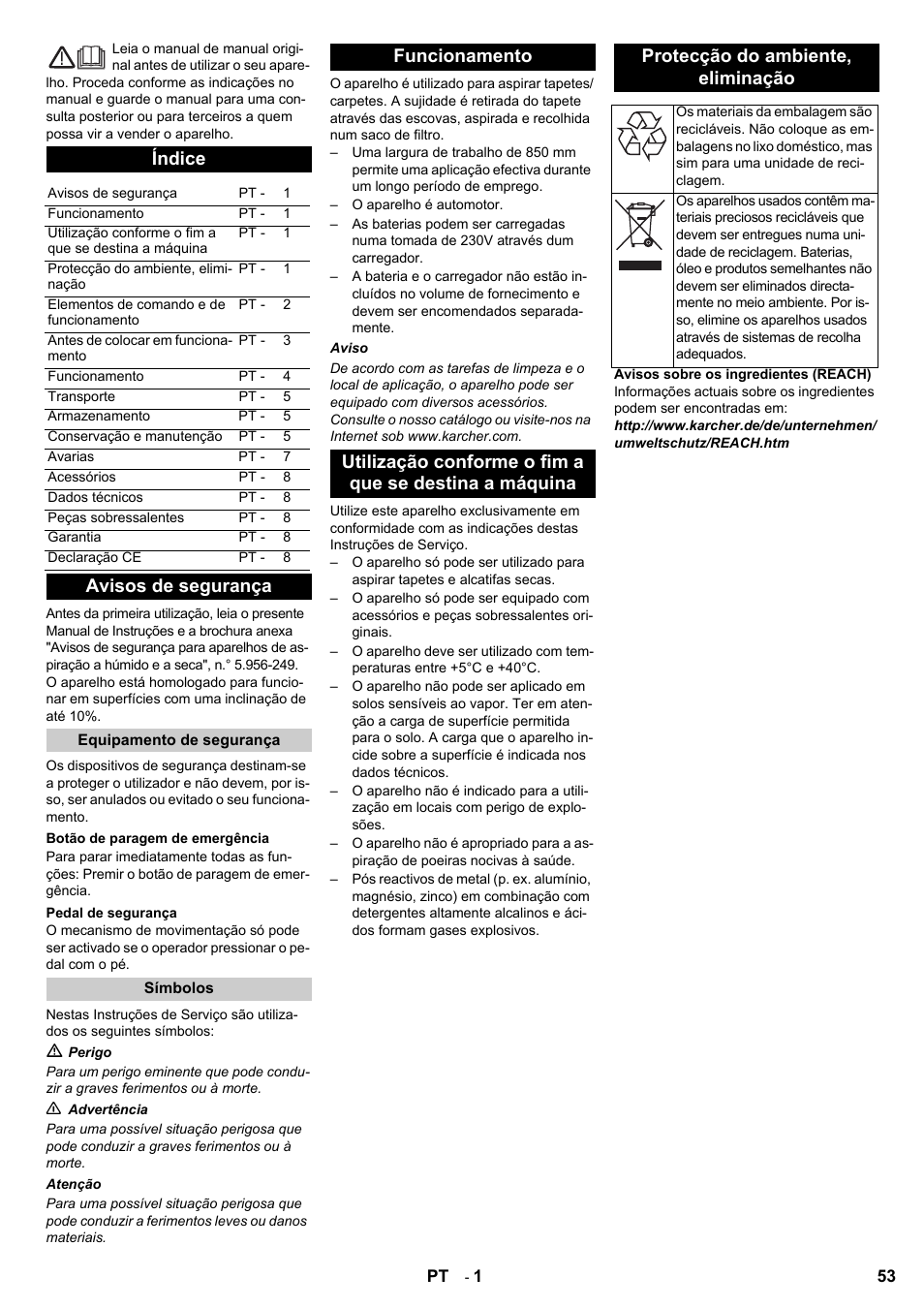 Índice, Avisos de segurança | Karcher Aspiro-brosseur CV 85-2 RS User Manual | Page 53 / 228