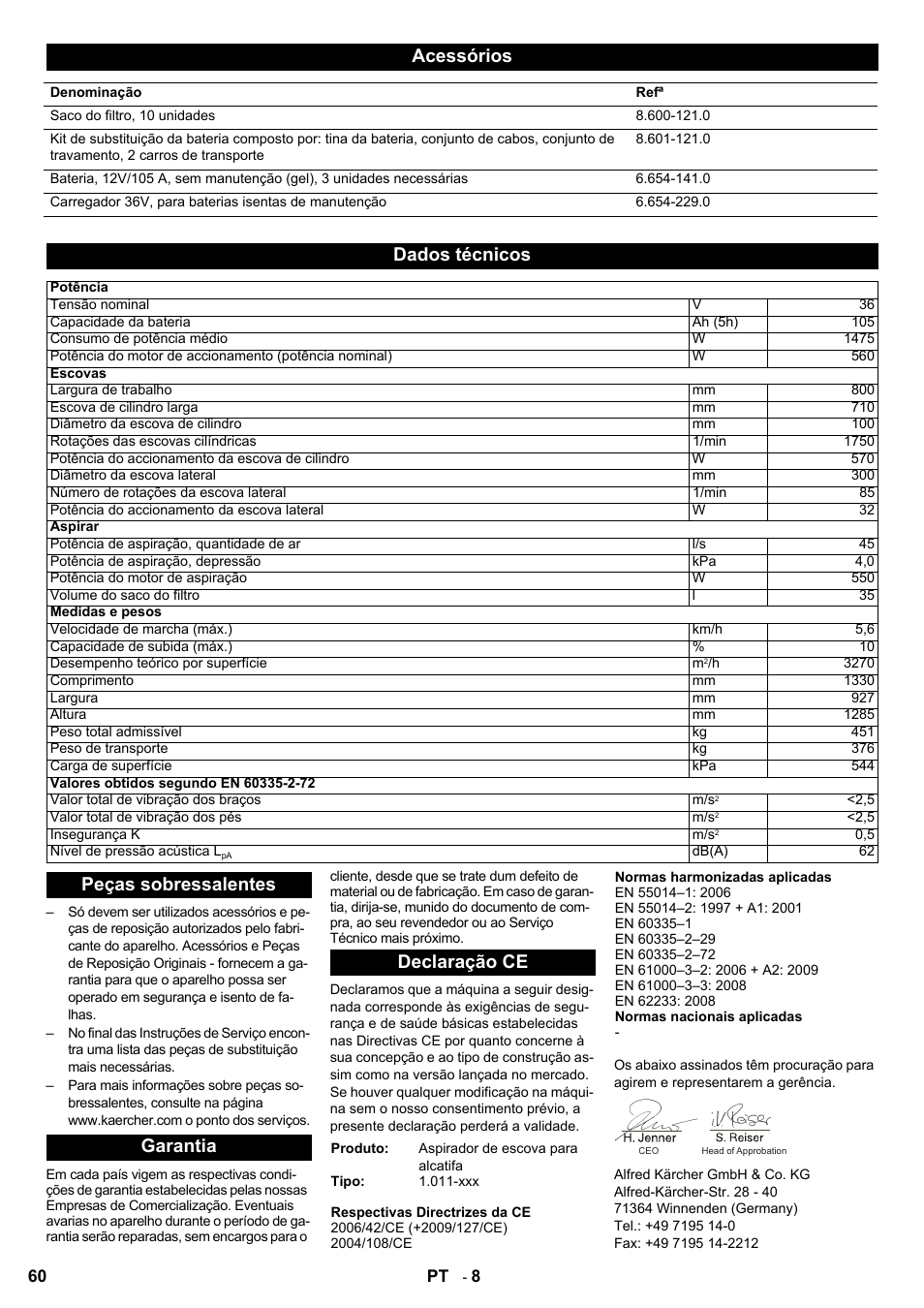 Acessórios, Dados técnicos, Peças sobressalentes garantia declaração ce | Karcher Aspiro-brosseur CV 85-2 RS User Manual | Page 60 / 228