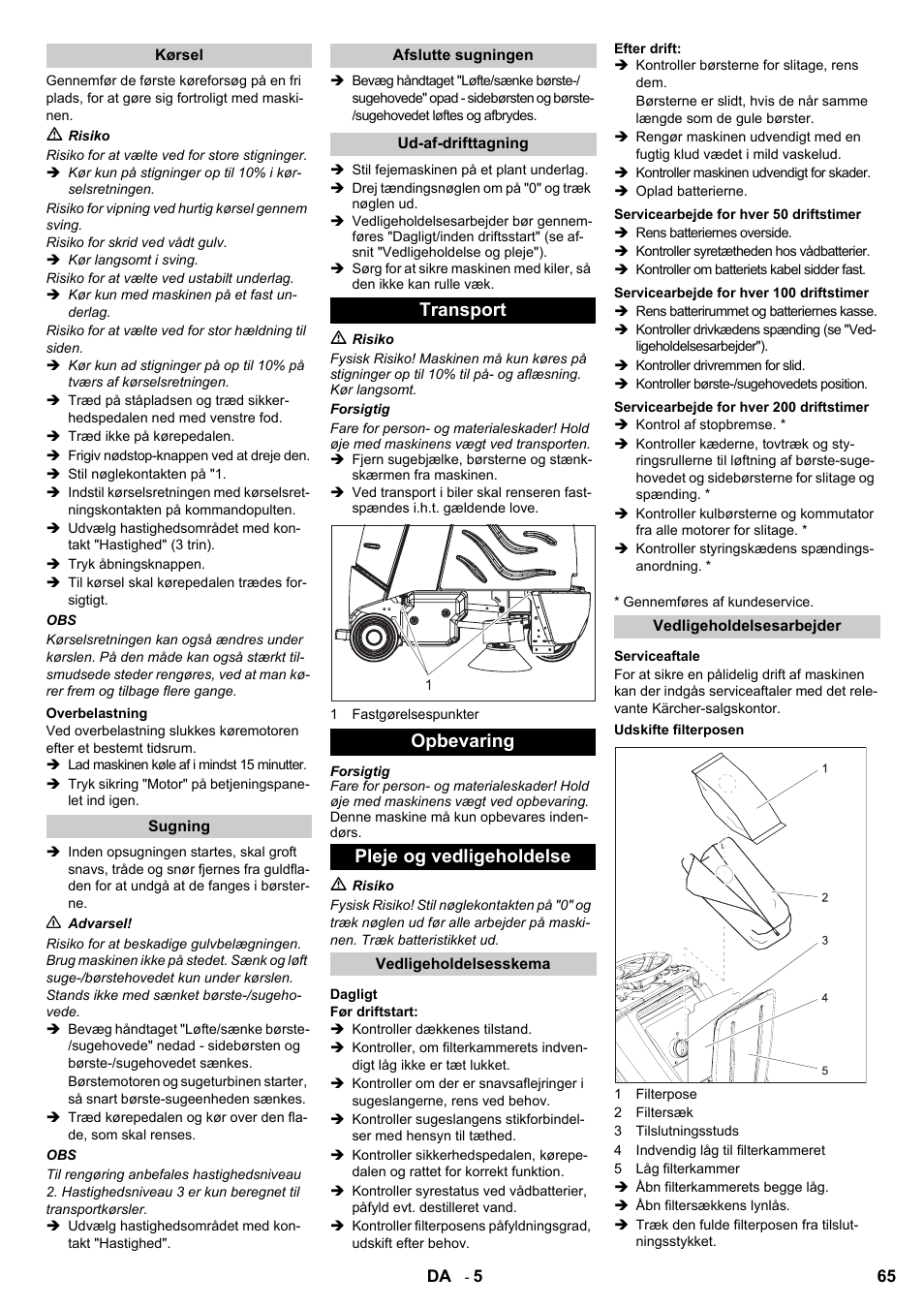 Transport opbevaring pleje og vedligeholdelse | Karcher Aspiro-brosseur CV 85-2 RS User Manual | Page 65 / 228