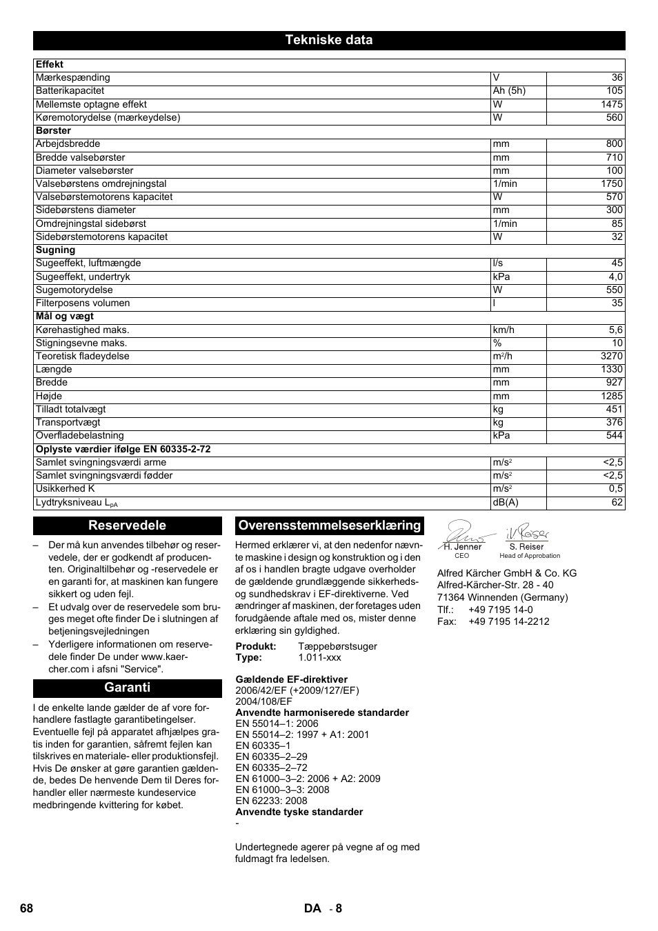 Tekniske data, Reservedele garanti overensstemmelseserklæring | Karcher Aspiro-brosseur CV 85-2 RS User Manual | Page 68 / 228