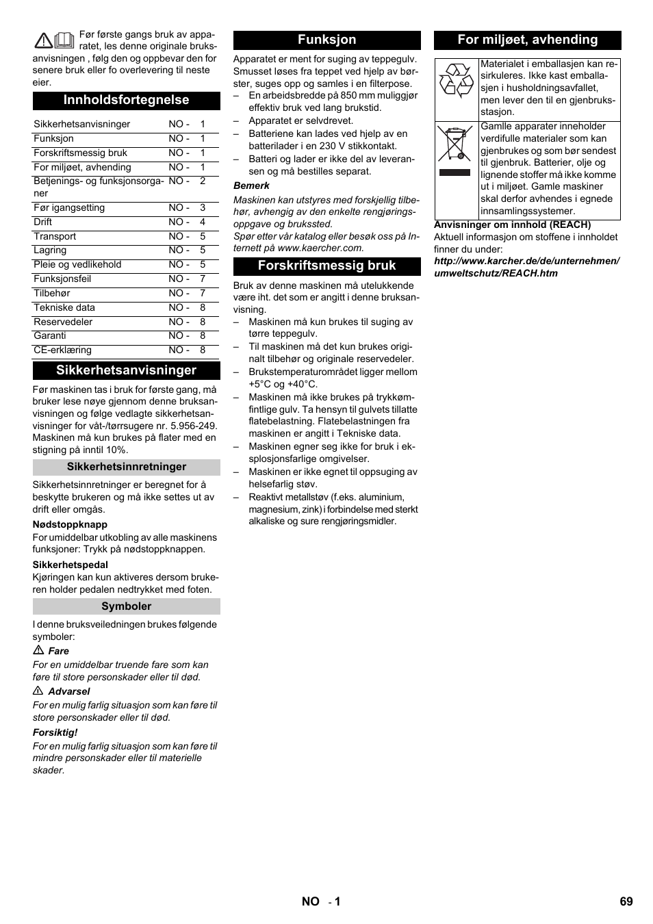 Innholdsfortegnelse, Sikkerhetsanvisninger | Karcher Aspiro-brosseur CV 85-2 RS User Manual | Page 69 / 228