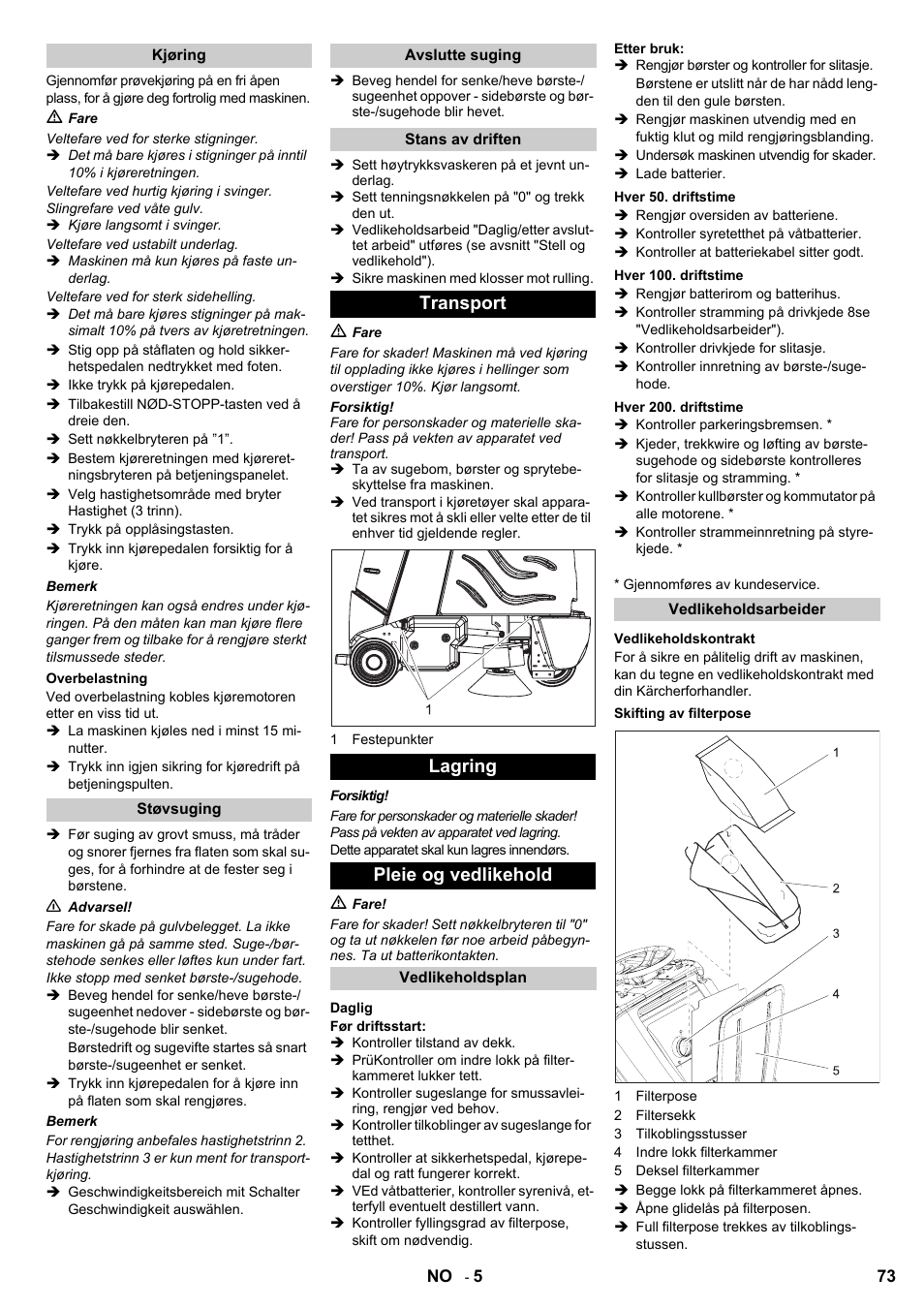 Transport lagring pleie og vedlikehold | Karcher Aspiro-brosseur CV 85-2 RS User Manual | Page 73 / 228