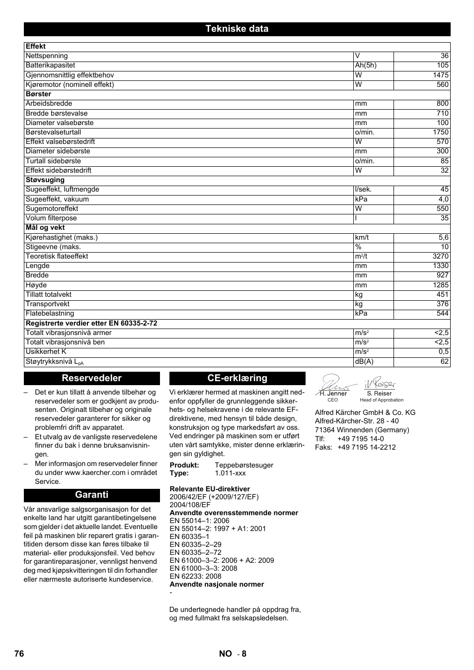 Tekniske data, Reservedeler garanti ce-erklæring | Karcher Aspiro-brosseur CV 85-2 RS User Manual | Page 76 / 228