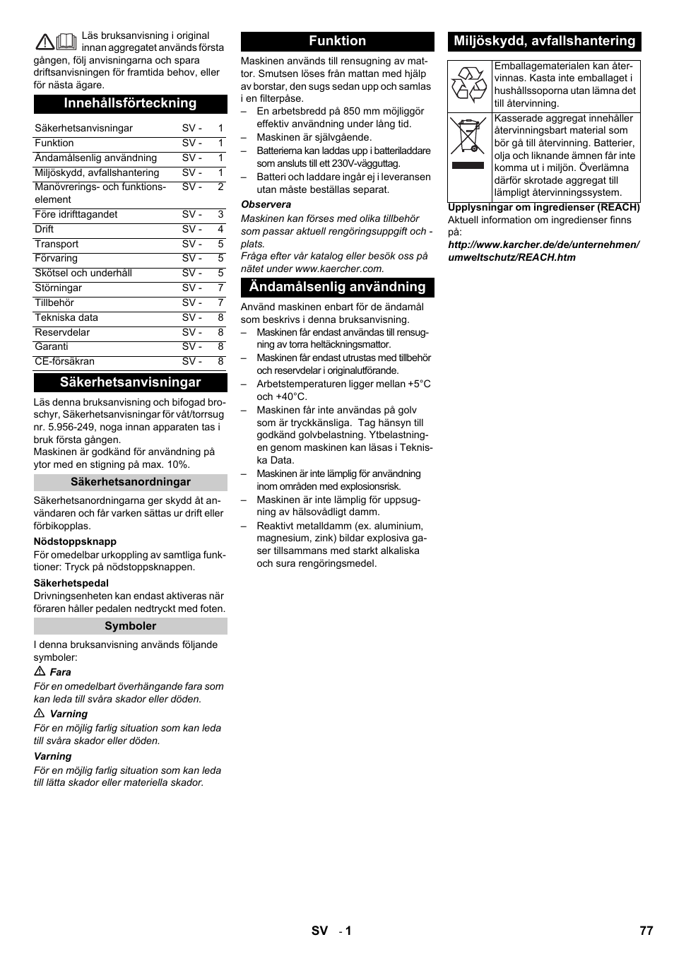 Innehållsförteckning, Säkerhetsanvisningar | Karcher Aspiro-brosseur CV 85-2 RS User Manual | Page 77 / 228
