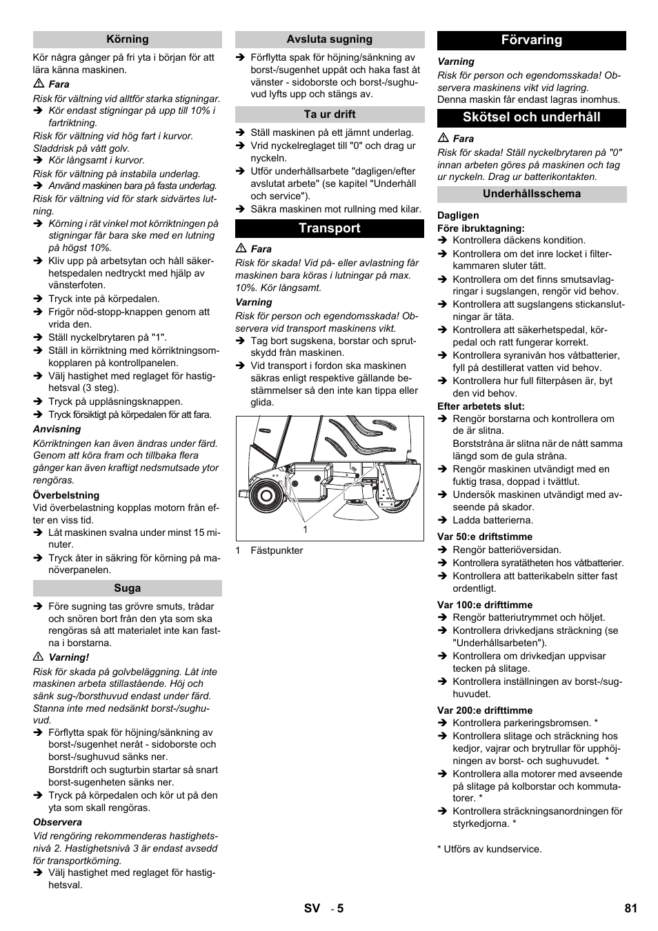 Transport förvaring skötsel och underhåll | Karcher Aspiro-brosseur CV 85-2 RS User Manual | Page 81 / 228