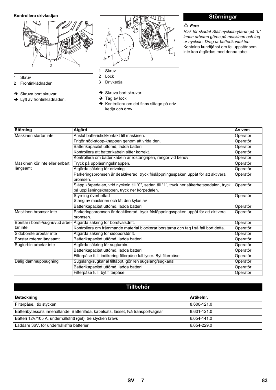 Störningar, Tillbehör | Karcher Aspiro-brosseur CV 85-2 RS User Manual | Page 83 / 228