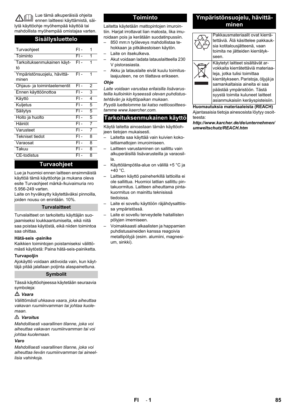 Sisällysluettelo, Turvaohjeet | Karcher Aspiro-brosseur CV 85-2 RS User Manual | Page 85 / 228