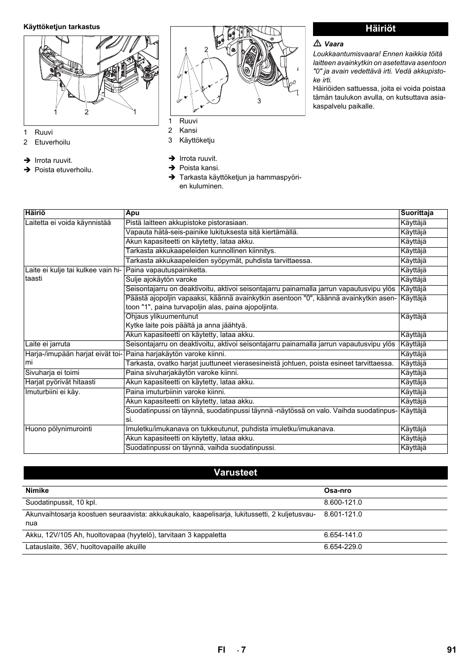 Häiriöt, Varusteet | Karcher Aspiro-brosseur CV 85-2 RS User Manual | Page 91 / 228