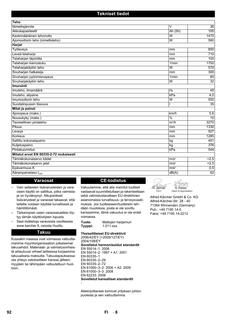 Tekniset tiedot, Varaosat takuu ce-todistus | Karcher Aspiro-brosseur CV 85-2 RS User Manual | Page 92 / 228