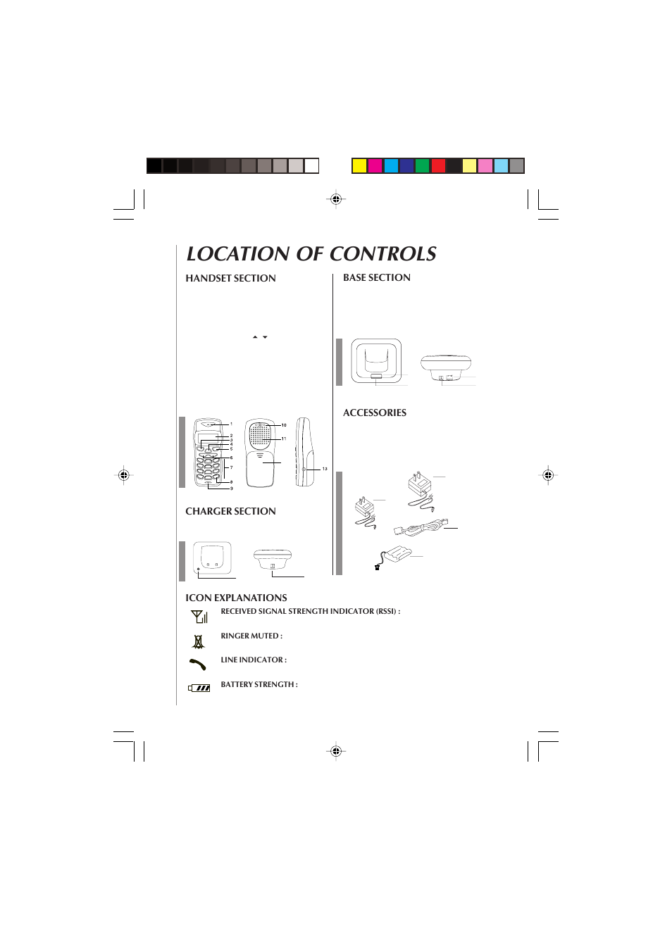 Location of controls, Accessories, Icon explanations | Audiovox Dual Handset Cordless Phone User Manual | Page 11 / 26