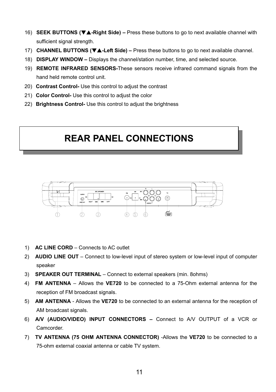 Rear panel connections | Audiovox VE720 User Manual | Page 12 / 33