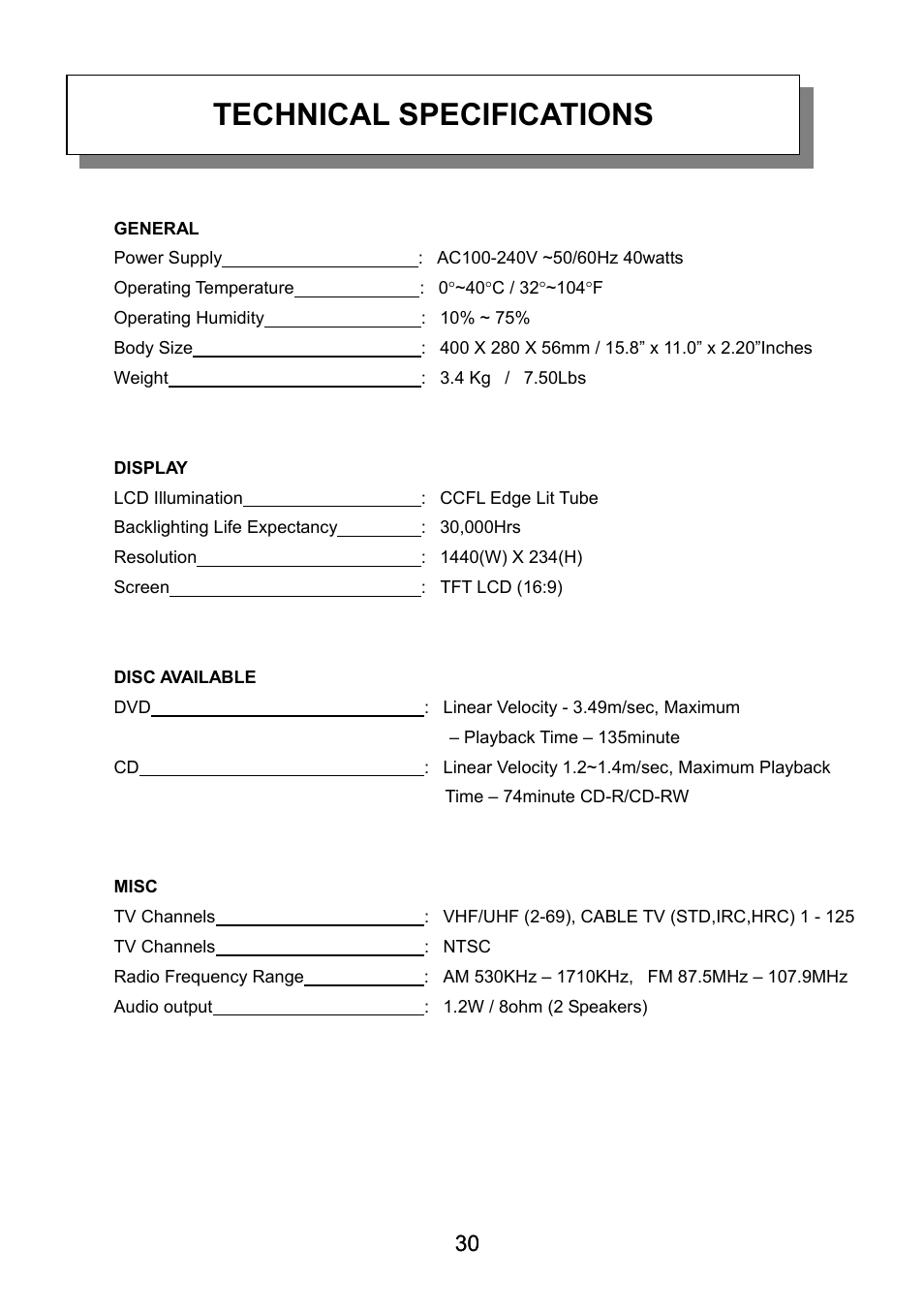 Technical specifications | Audiovox VE720 User Manual | Page 31 / 33