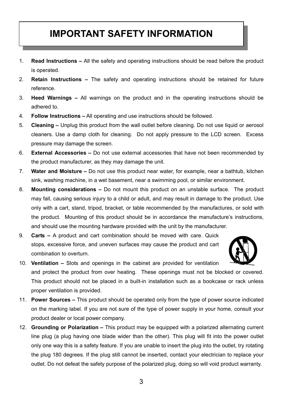 Important safety information | Audiovox VE720 User Manual | Page 4 / 33