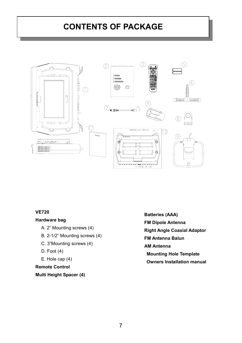 Contents of package | Audiovox VE720 User Manual | Page 8 / 33