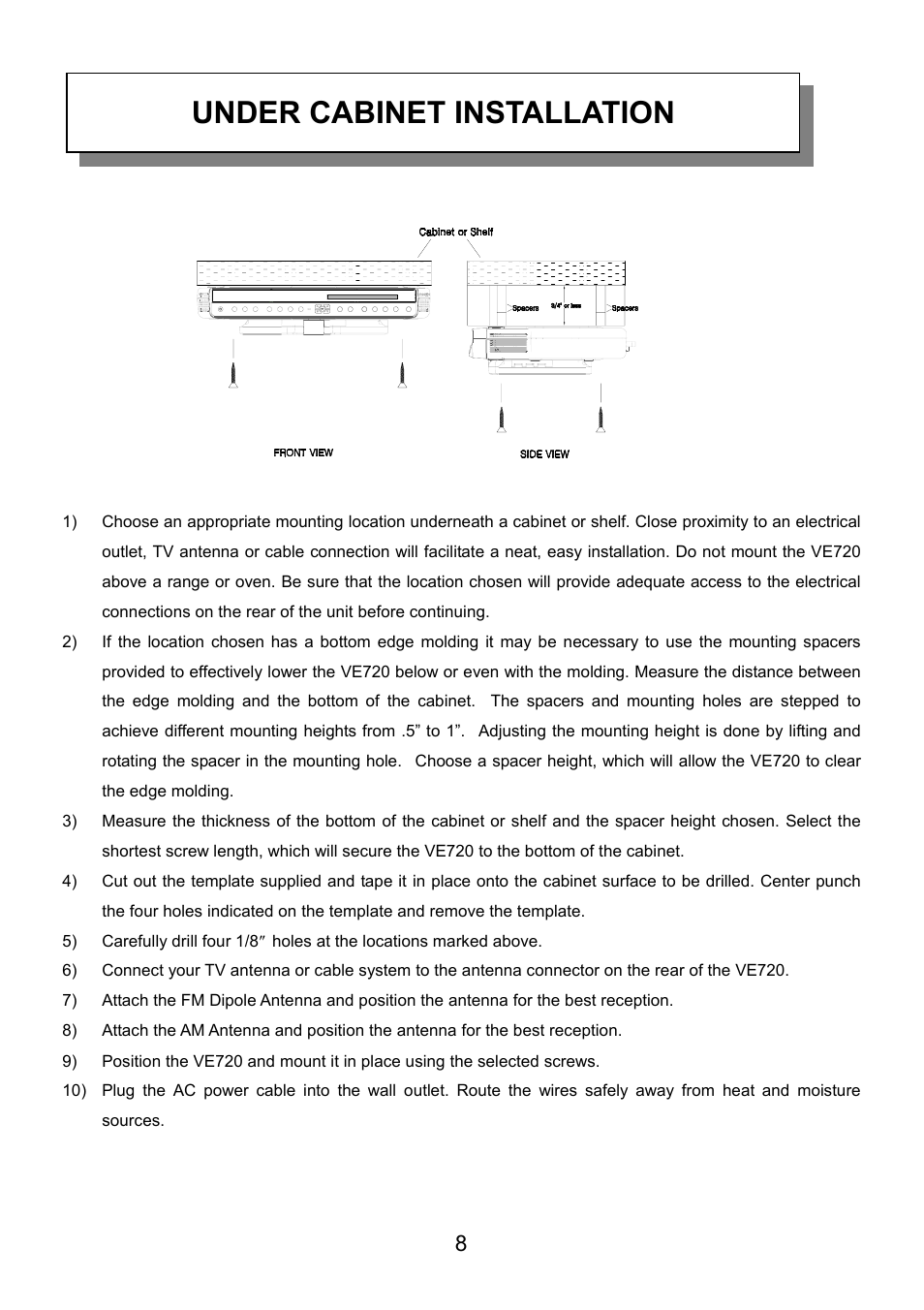 Under cabinet installation | Audiovox VE720 User Manual | Page 9 / 33