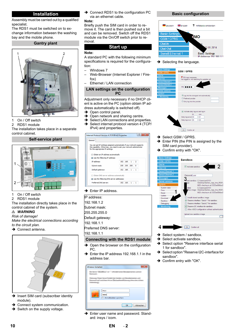 Installation, Gantry plant, Self-service plant | Start up, Lan settings on the configuration pc, Connecting with the rds1 module, Basic configuration | Karcher Armoire de lavage SB MB 5-10 User Manual | Page 10 / 96