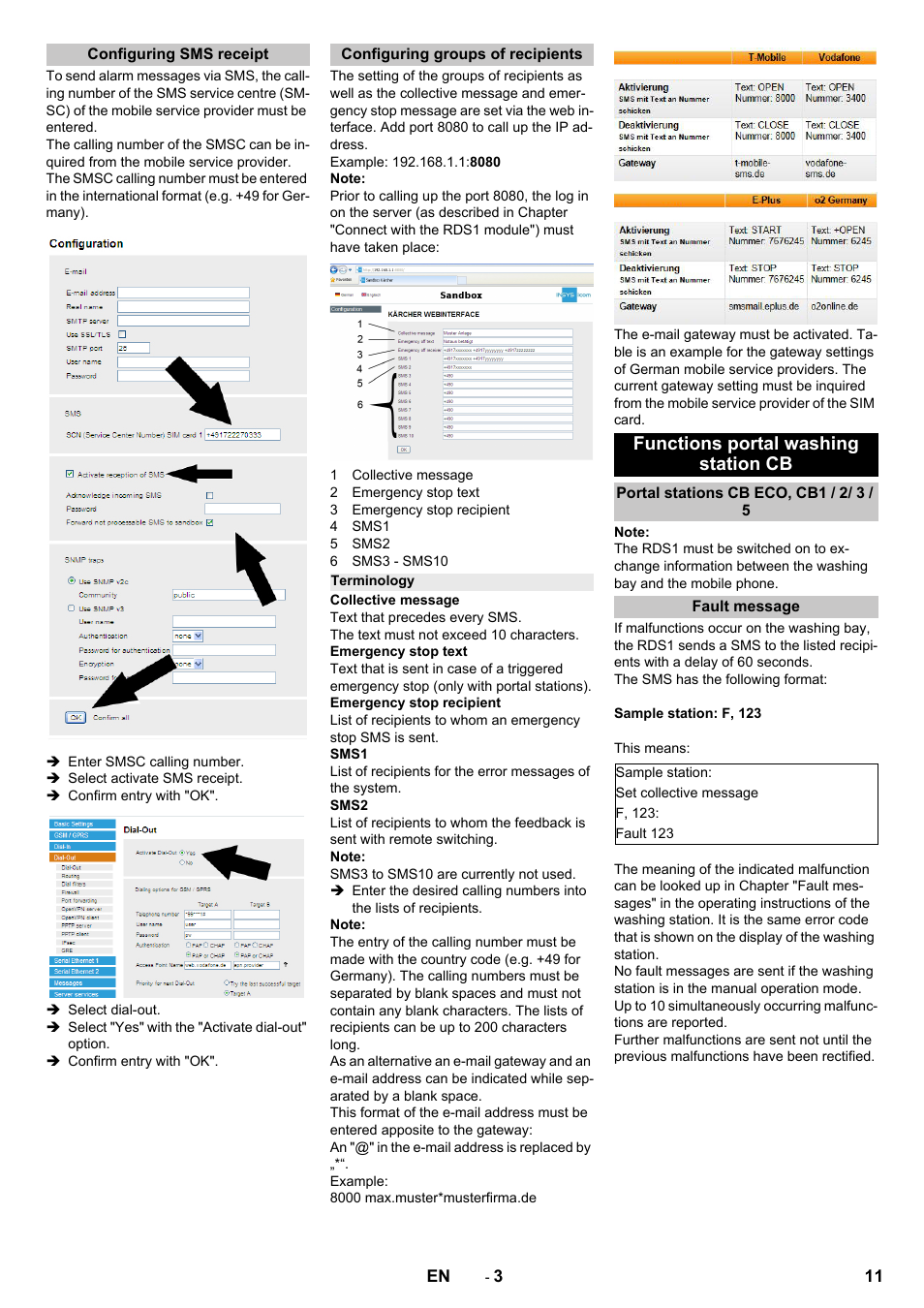 Configuring sms receipt, Configuring groups of recipients, Terminology | Functions portal washing station cb, Portal stations cb eco, cb1 / 2/ 3 / 5, Fault message | Karcher Armoire de lavage SB MB 5-10 User Manual | Page 11 / 96
