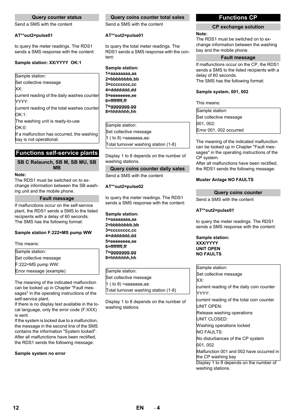 Query counter status, Functions self-service plants, Sb c relaunch, sb m, sb mu, sb mb | Fault message, Query coins counter total sales, Query coins counter daily sales, Functions cp, Cp exchange solution, Query coins counter | Karcher Armoire de lavage SB MB 5-10 User Manual | Page 12 / 96
