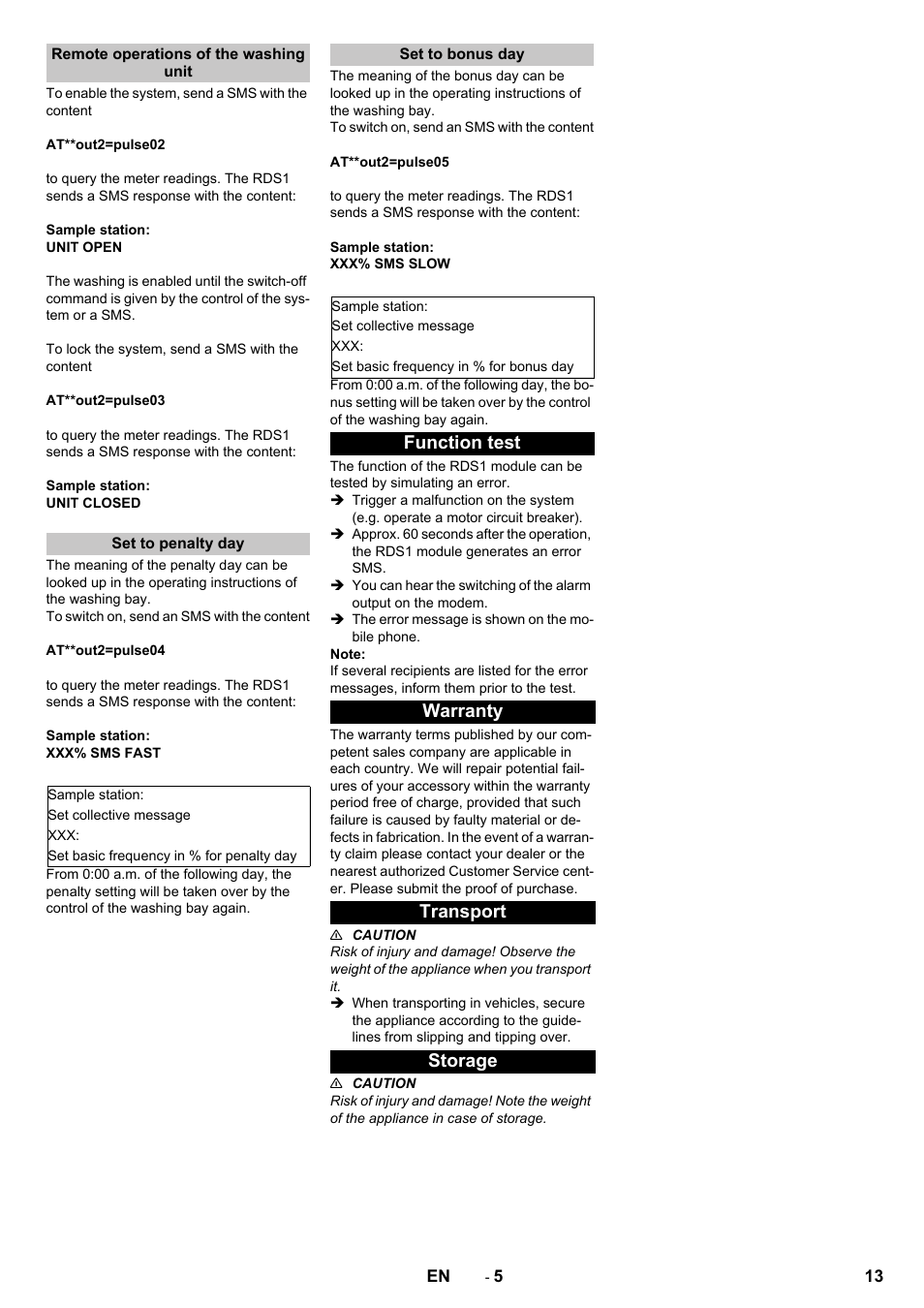 Remote operations of the washing unit, Set to penalty day, Set to bonus day | Function test, Warranty, Transport, Storage, Function test warranty transport storage | Karcher Armoire de lavage SB MB 5-10 User Manual | Page 13 / 96