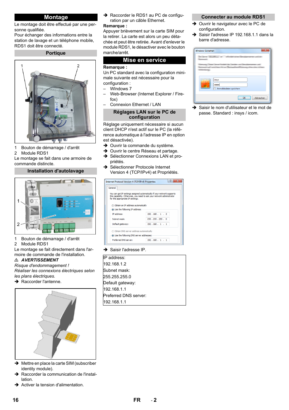 Montage, Portique, Installation d'autolavage | Mise en service, Réglages lan sur le pc de configuration, Connecter au module rds1 | Karcher Armoire de lavage SB MB 5-10 User Manual | Page 16 / 96