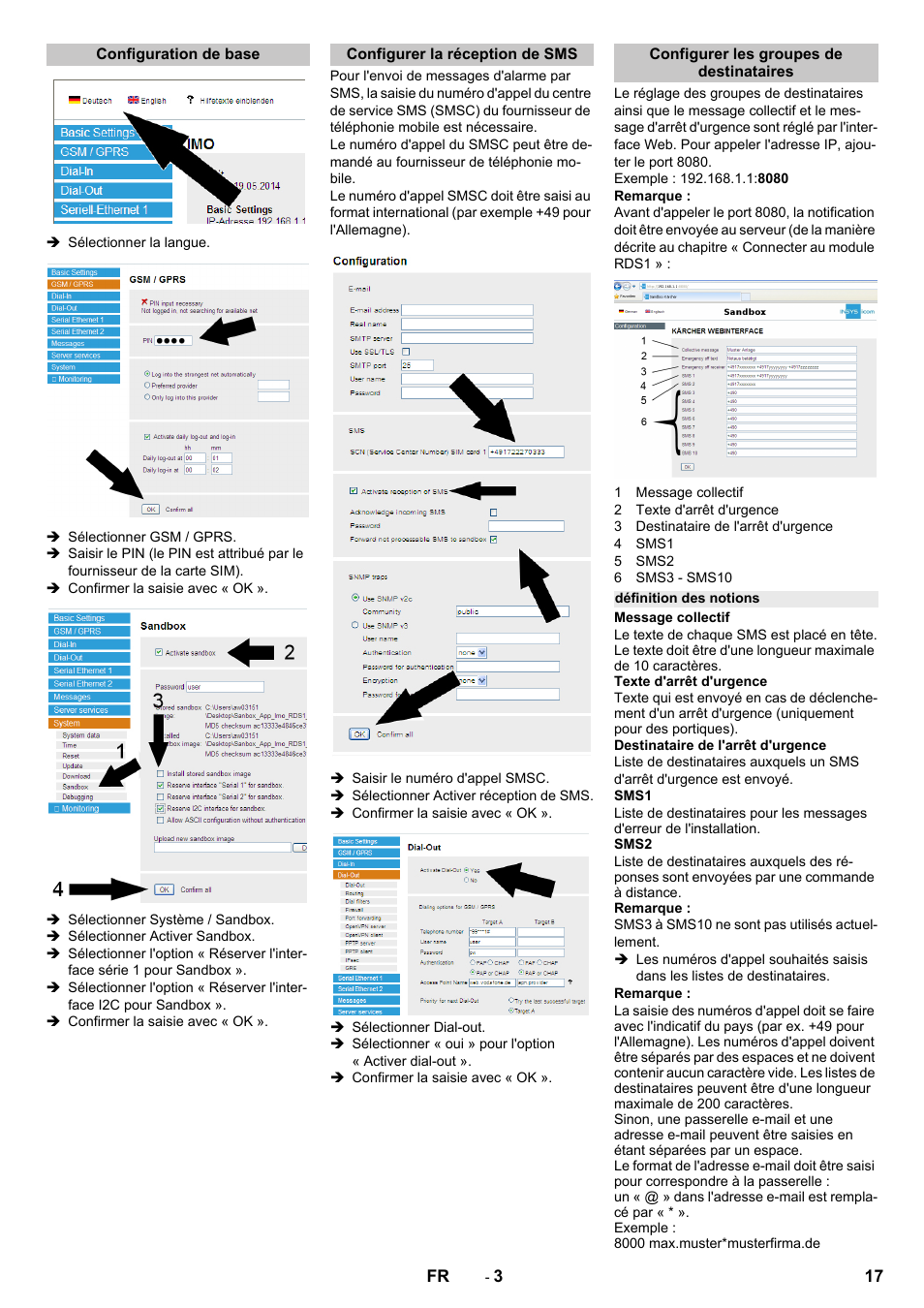Configuration de base, Configurer la réception de sms, Configurer les groupes de destinataires | Définition des notions | Karcher Armoire de lavage SB MB 5-10 User Manual | Page 17 / 96