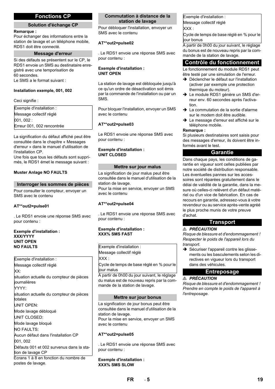 Fonctions cp, Solution d'échange cp, Message d'erreur | Interroger les sommes de pièces, Commutation à distance de la station de lavage, Mettre sur jour malus, Mettre sur jour bonus, Contrôle du fonctionnement, Garantie, Transport | Karcher Armoire de lavage SB MB 5-10 User Manual | Page 19 / 96