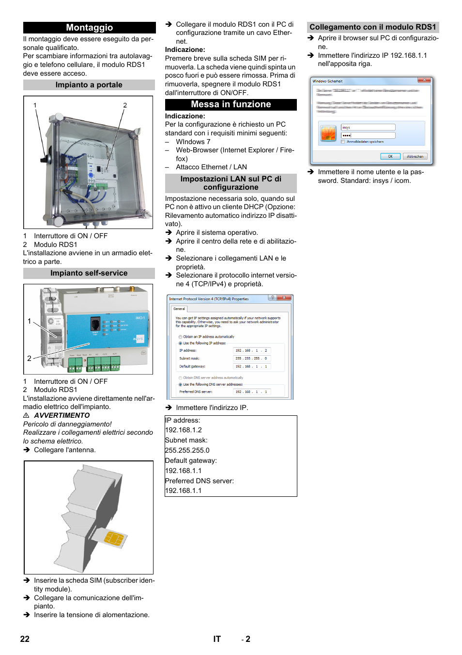 Montaggio, Impianto a portale, Impianto self-service | Messa in funzione, Impostazioni lan sul pc di configurazione, Collegamento con il modulo rds1 | Karcher Armoire de lavage SB MB 5-10 User Manual | Page 22 / 96