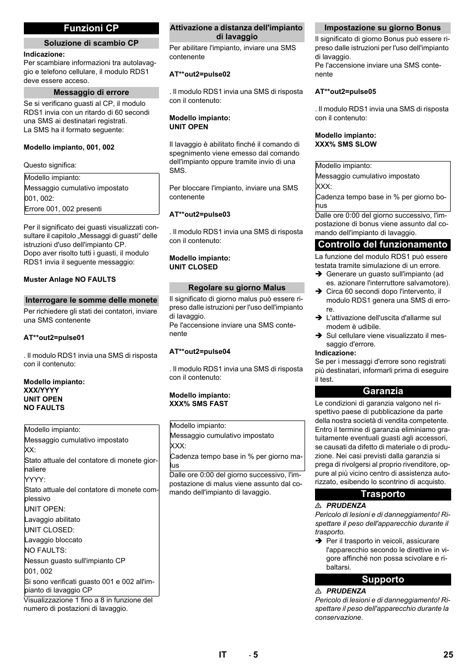 Funzioni cp, Soluzione di scambio cp, Messaggio di errore | Interrogare le somme delle monete, Attivazione a distanza dell'impianto di lavaggio, Regolare su giorno malus, Impostazione su giorno bonus, Controllo del funzionamento, Garanzia, Trasporto | Karcher Armoire de lavage SB MB 5-10 User Manual | Page 25 / 96
