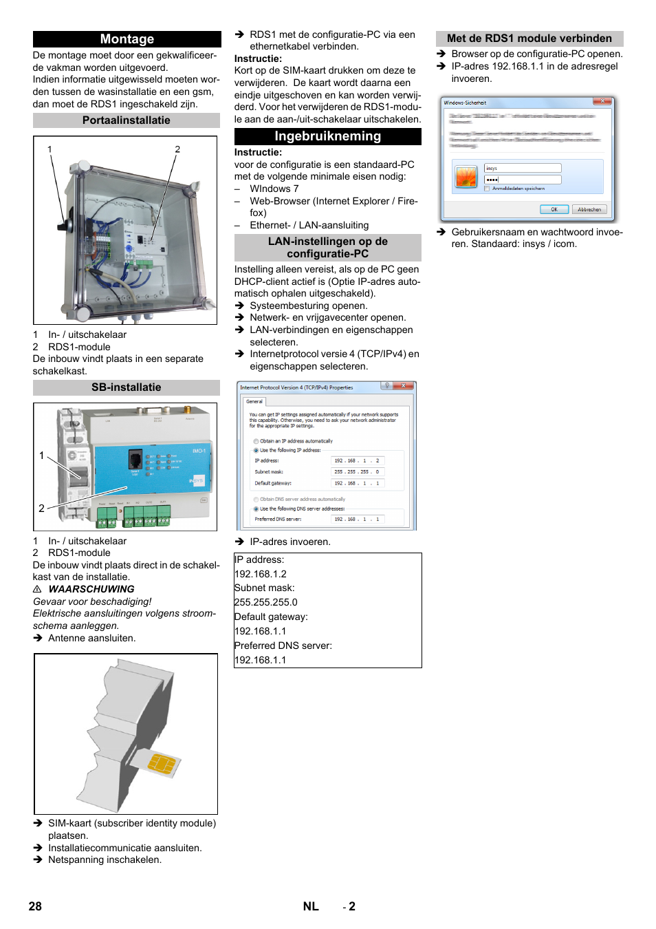 Montage, Portaalinstallatie, Sb-installatie | Ingebruikneming, Lan-instellingen op de configuratie-pc, Met de rds1 module verbinden | Karcher Armoire de lavage SB MB 5-10 User Manual | Page 28 / 96