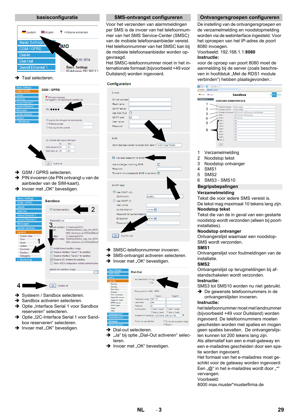 Basisconfiguratie, Sms-ontvangst configureren, Ontvangersgroepen configureren | Begripsbepalingen | Karcher Armoire de lavage SB MB 5-10 User Manual | Page 29 / 96