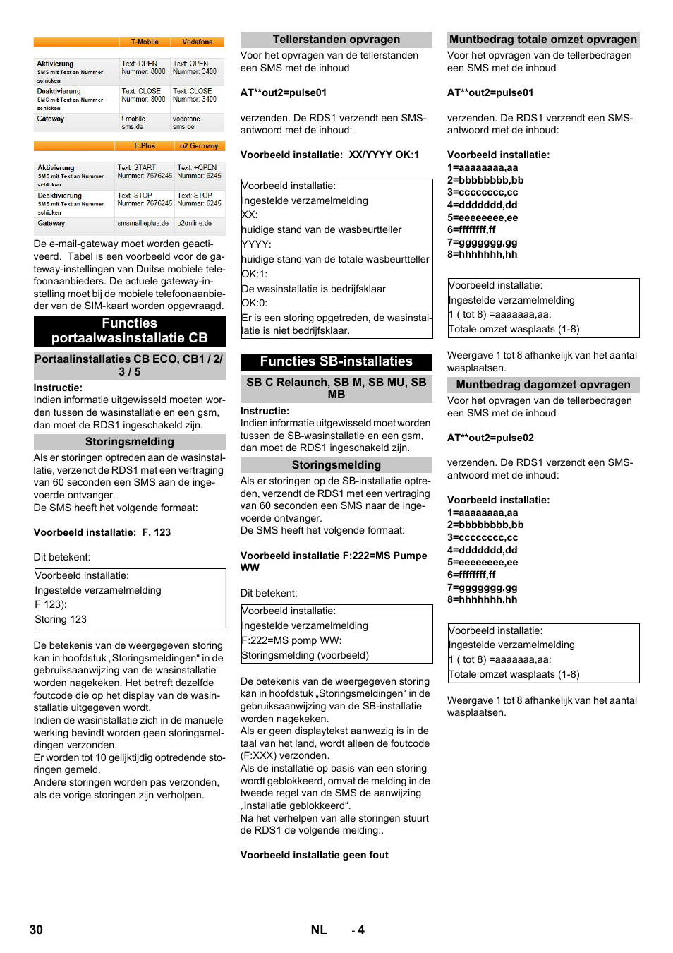 Functies portaalwasinstallatie cb, Portaalinstallaties cb eco, cb1 / 2/ 3 / 5, Storingsmelding | Tellerstanden opvragen, Functies sb-installaties, Sb c relaunch, sb m, sb mu, sb mb, Muntbedrag totale omzet opvragen, Muntbedrag dagomzet opvragen | Karcher Armoire de lavage SB MB 5-10 User Manual | Page 30 / 96