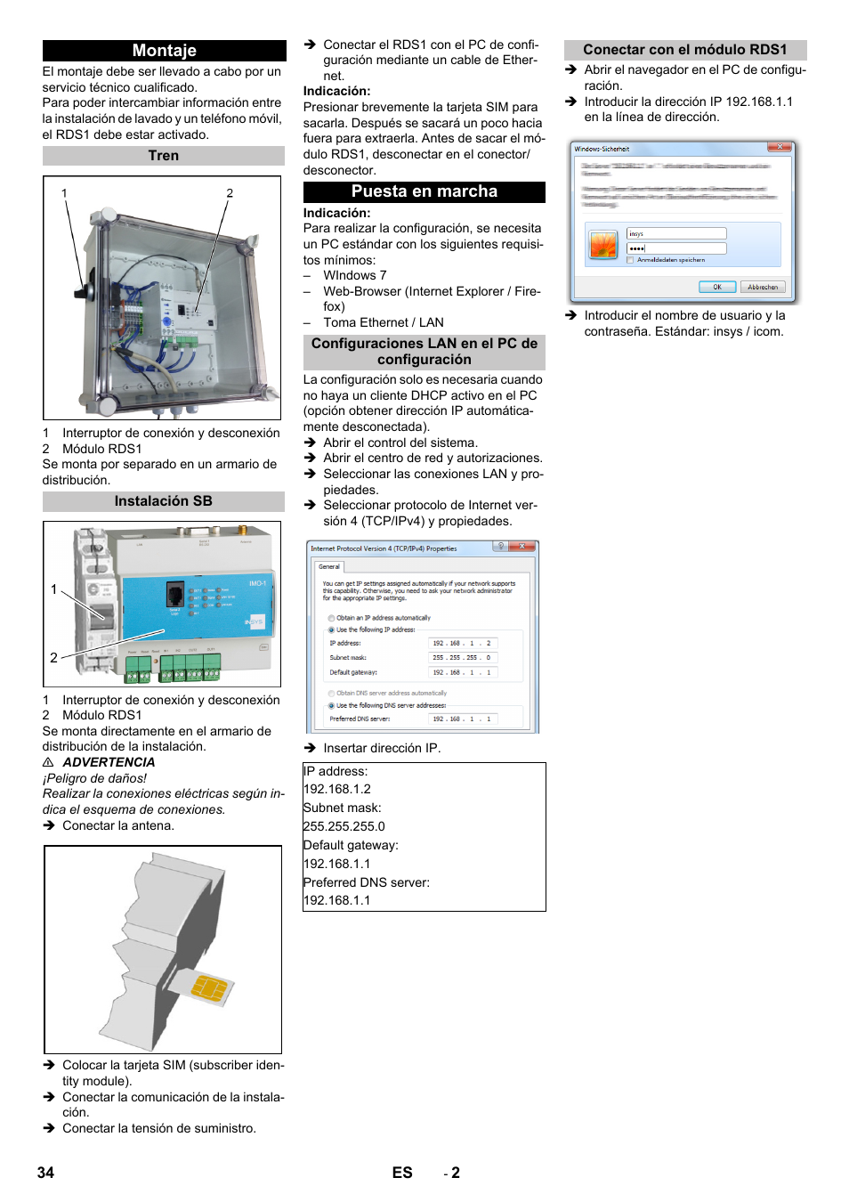 Montaje, Tren, Instalación sb | Puesta en marcha, Configuraciones lan en el pc de configuración, Conectar con el módulo rds1 | Karcher Armoire de lavage SB MB 5-10 User Manual | Page 34 / 96