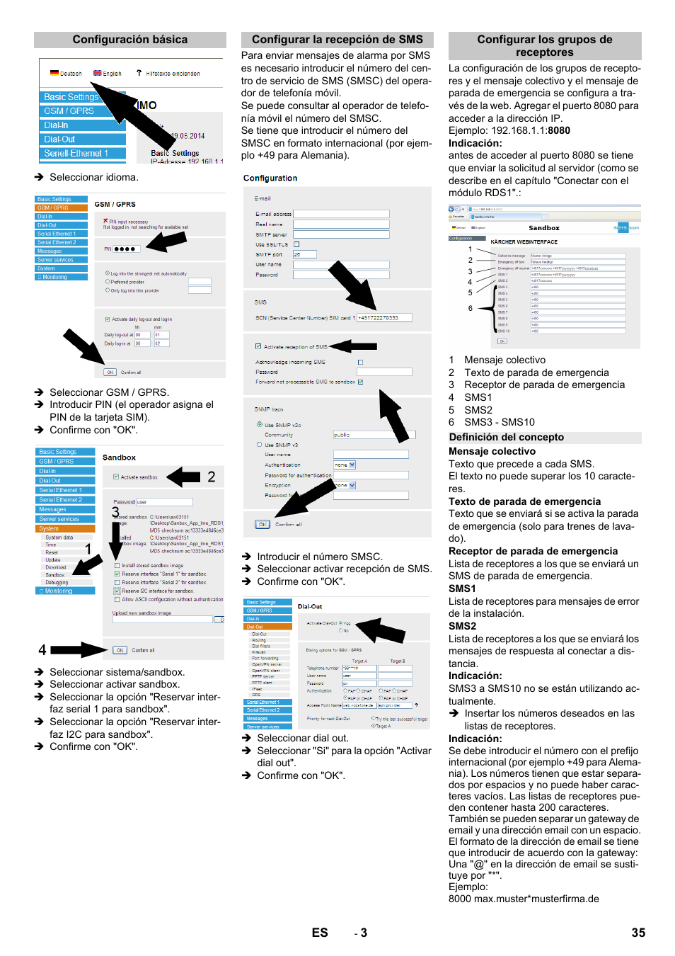 Configuración básica, Configurar la recepción de sms, Configurar los grupos de receptores | Definición del concepto | Karcher Armoire de lavage SB MB 5-10 User Manual | Page 35 / 96