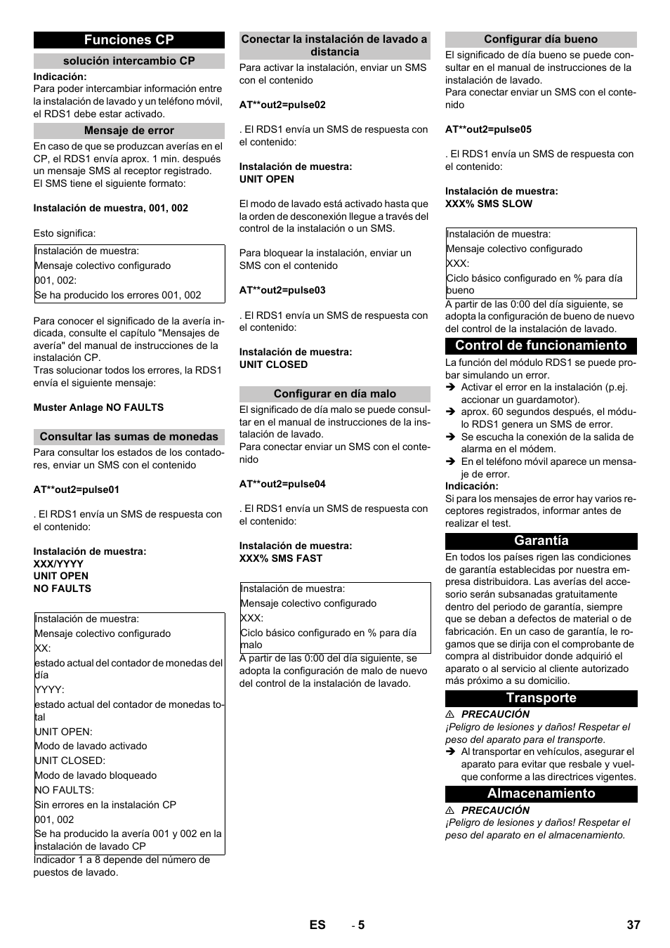 Funciones cp, Solución intercambio cp, Mensaje de error | Consultar las sumas de monedas, Conectar la instalación de lavado a distancia, Configurar en día malo, Configurar día bueno, Control de funcionamiento, Garantía, Transporte | Karcher Armoire de lavage SB MB 5-10 User Manual | Page 37 / 96