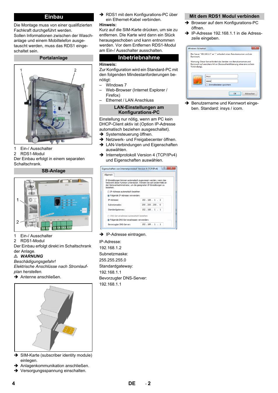 Einbau, Portalanlage, Sb-anlage | Inbetriebnahme, Lan-einstellungen am konfigurations-pc, Mit dem rds1 modul verbinden | Karcher Armoire de lavage SB MB 5-10 User Manual | Page 4 / 96