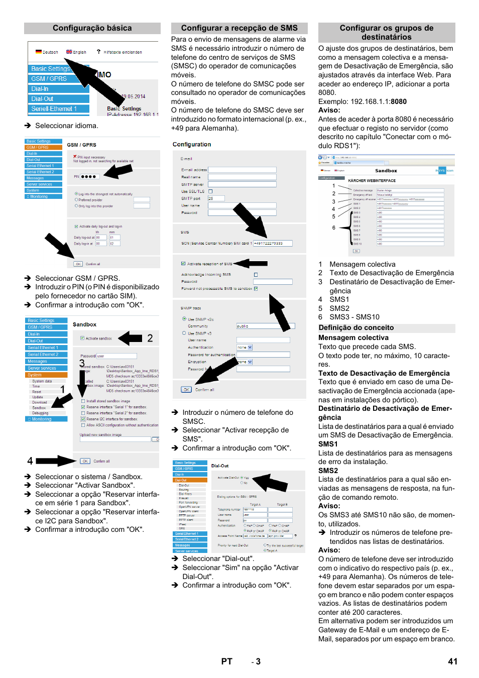 Configuração básica, Configurar a recepção de sms, Configurar os grupos de destinatários | Definição do conceito | Karcher Armoire de lavage SB MB 5-10 User Manual | Page 41 / 96