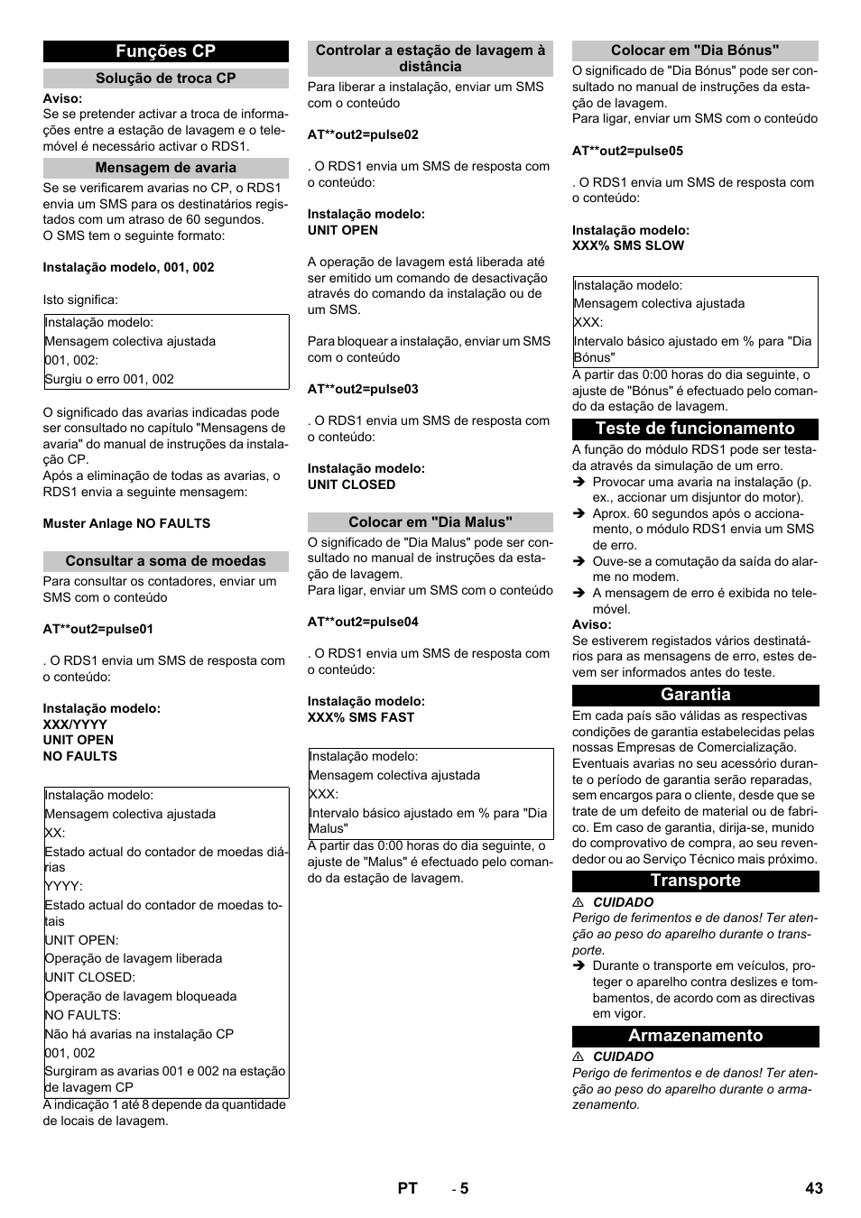 Funções cp, Solução de troca cp, Mensagem de avaria | Consultar a soma de moedas, Controlar a estação de lavagem à distância, Colocar em "dia malus, Colocar em "dia bónus, Teste de funcionamento, Garantia, Transporte | Karcher Armoire de lavage SB MB 5-10 User Manual | Page 43 / 96