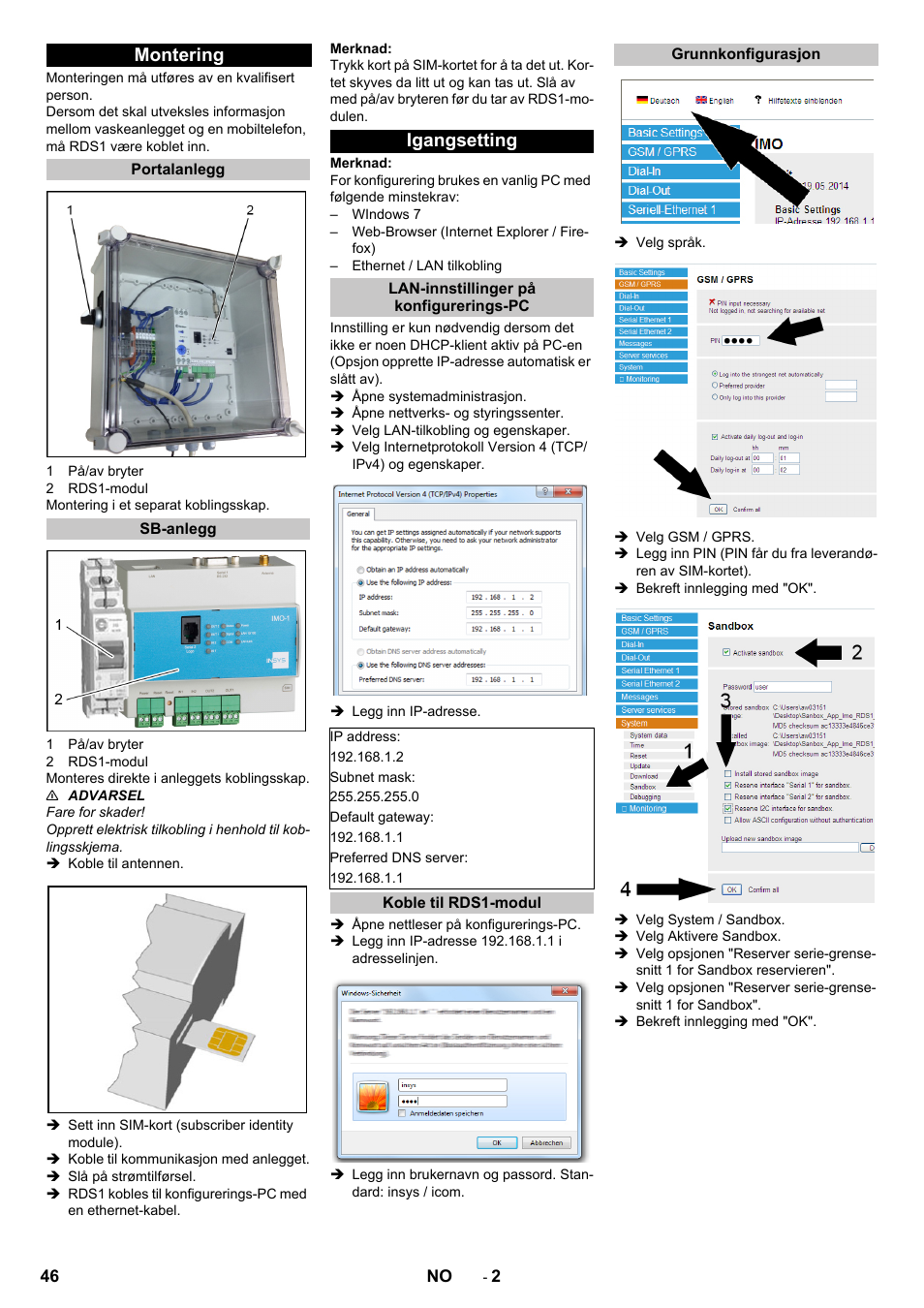 Montering, Portalanlegg, Sb-anlegg | Igangsetting, Lan-innstillinger på konfigurerings-pc, Koble til rds1-modul, Grunnkonfigurasjon | Karcher Armoire de lavage SB MB 5-10 User Manual | Page 46 / 96