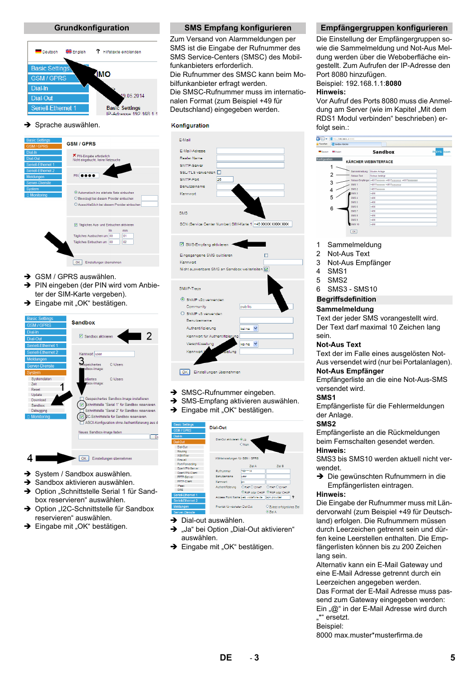 Grundkonfiguration, Sms empfang konfigurieren, Empfängergruppen konfigurieren | Begriffsdefinition | Karcher Armoire de lavage SB MB 5-10 User Manual | Page 5 / 96