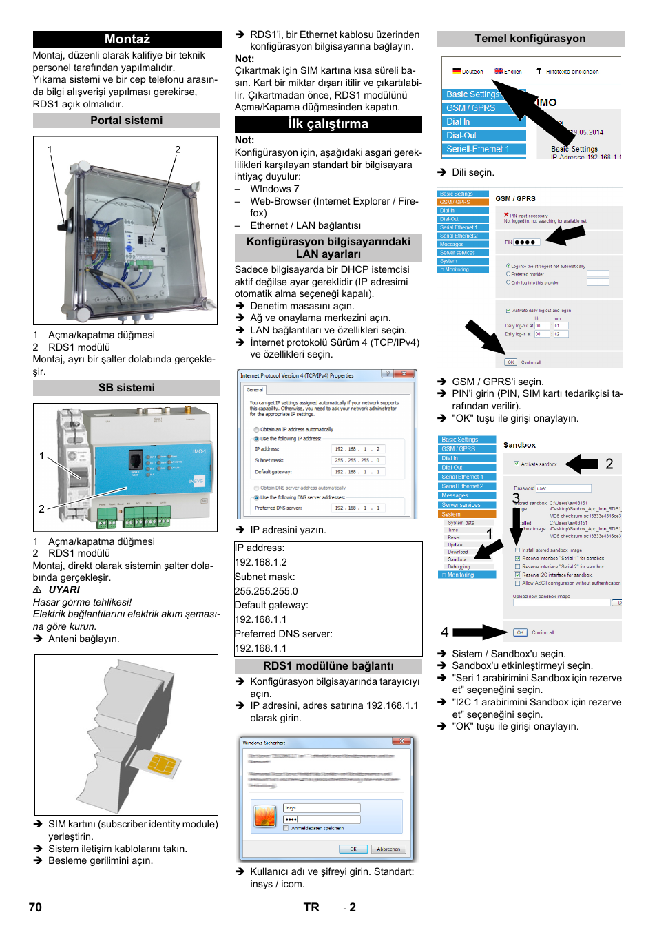 Montaż, Portal sistemi, Sb sistemi | Ilk çalıştırma, Konfigürasyon bilgisayarındaki lan ayarları, Rds1 modülüne bağlantı, Temel konfigürasyon | Karcher Armoire de lavage SB MB 5-10 User Manual | Page 70 / 96
