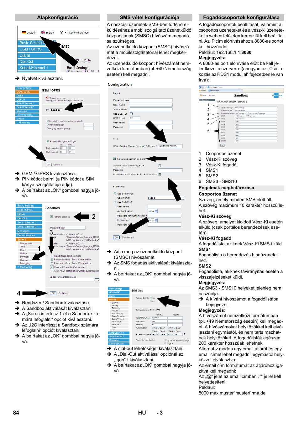 Alapkonfiguráció, Sms vétel konfigurációja, Fogadócsoportok konfigurálása | Fogalmak meghatározása | Karcher Armoire de lavage SB MB 5-10 User Manual | Page 84 / 96